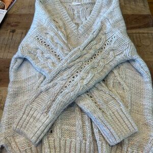 Anthropologie V-Neck Cable Knit tunic Sweater - White With Pink and Blue